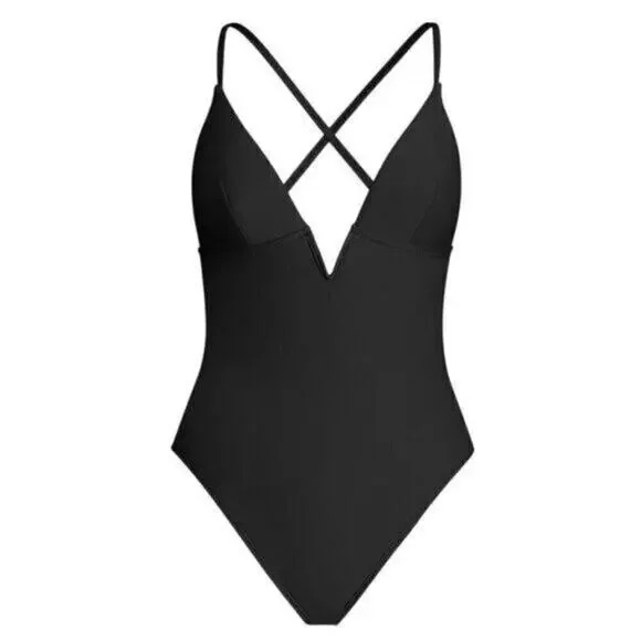 Womens Small Black One Piece V Wire Swimsuit Deep V Neck Crisscross Back Straps - Picture 6 of 10